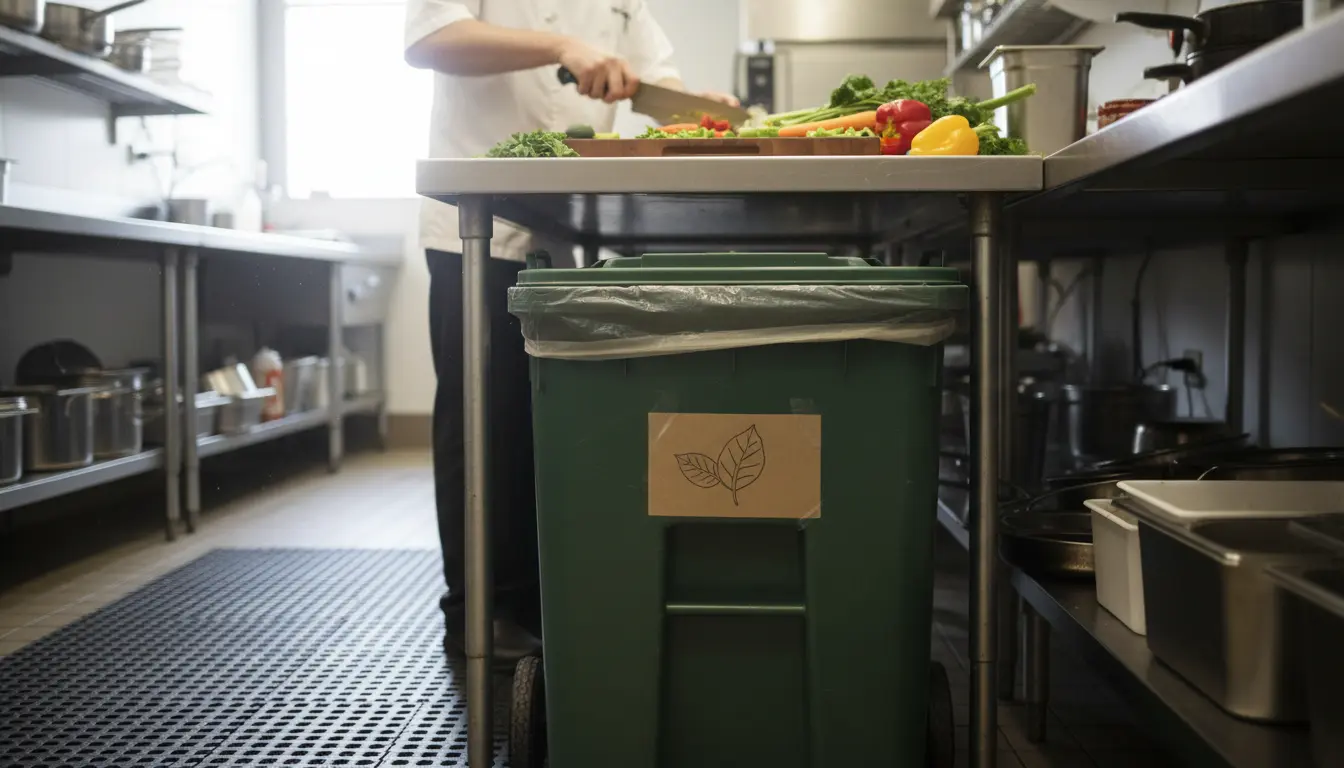 Back-of-house compost bin placed at prep table with clear label and green color