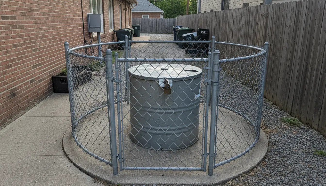 Locked used cooking oil tank in fenced corral behind a restaurant