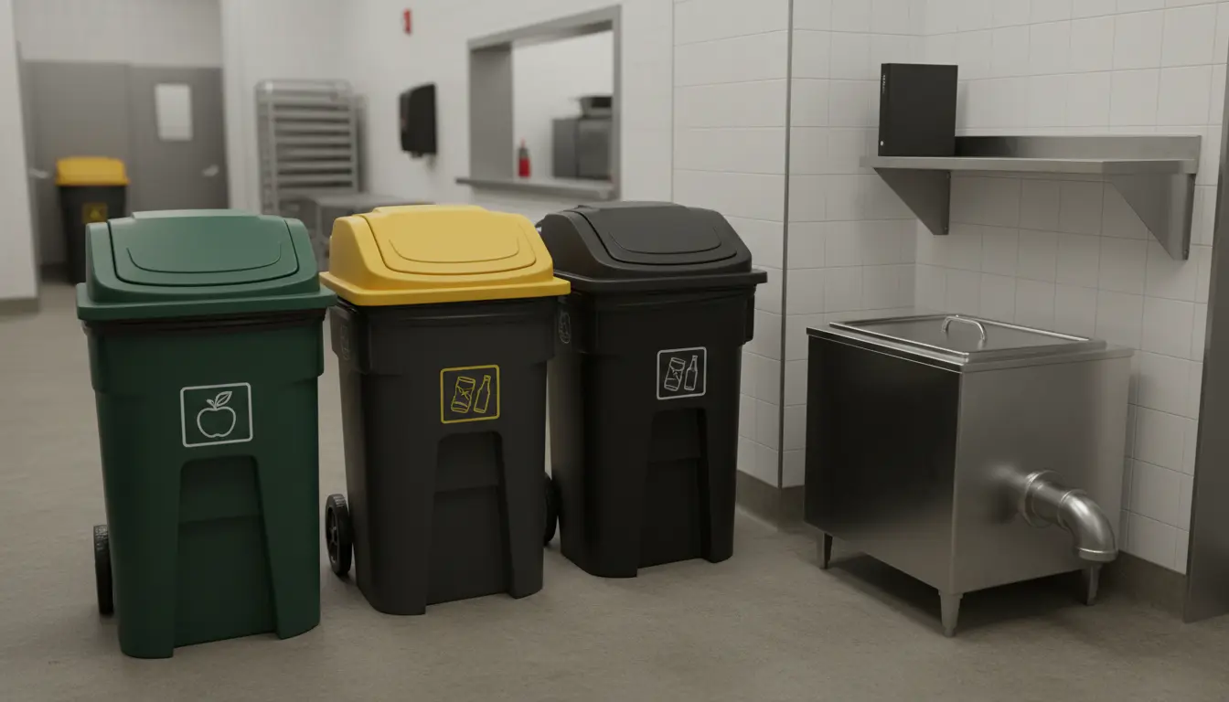 Labeled organics, recycling, and trash bins beside a closed grease trap in a clean commercial kitchen